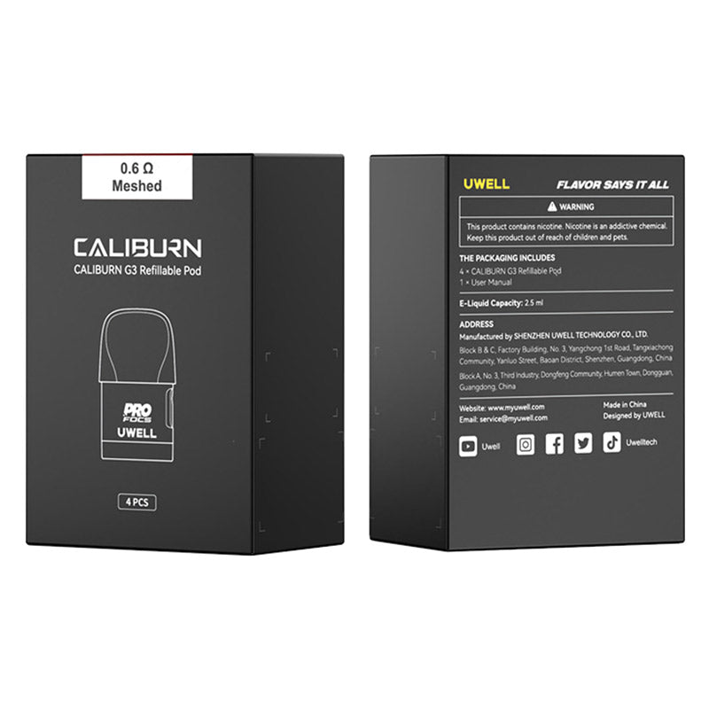 Uwell Caliburn G3 Refillable Pod Cartridge for Caliburn G3 / GK3 / G3 ECO/GK3 TENET/G3 Lite /G3 Lite KoKo/ G3 Pro /G3 Pro KoKo Pod Kit / Caliburn G4/G4 Mini/G4 Pro Pod Kit2.5ml/3ml (4pcs/pack)